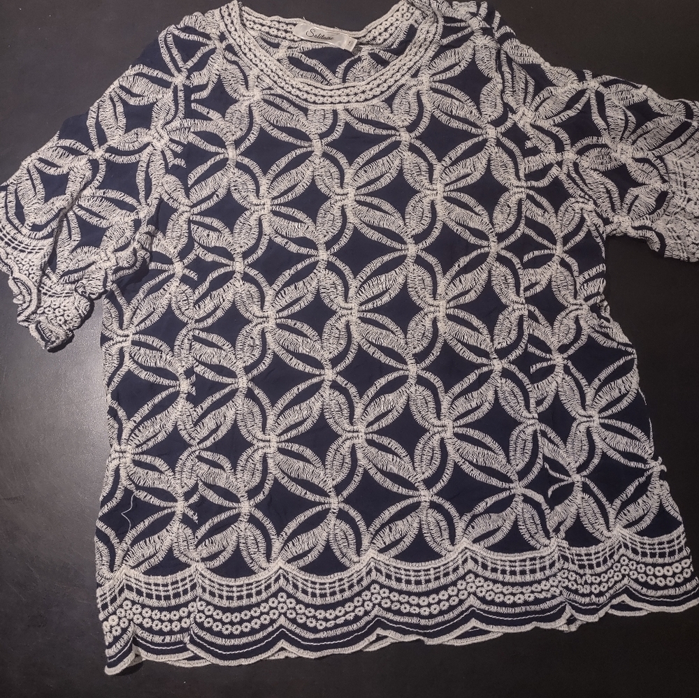 Solitaire Navy and White Embroidered Fabric